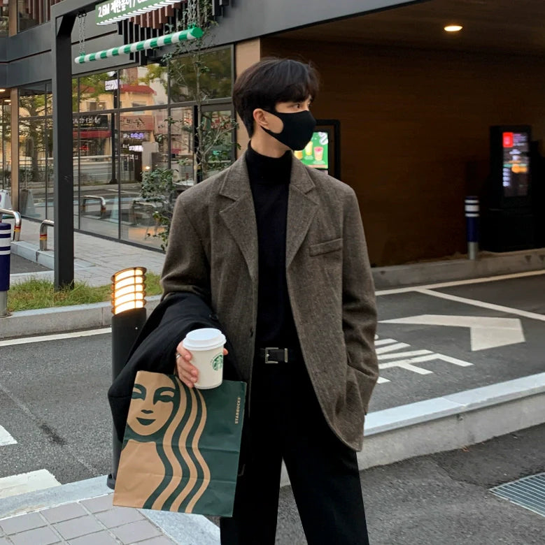 Woolen blazer Men's autumn and winter Korean loose trend thickened high-end small suit top R002