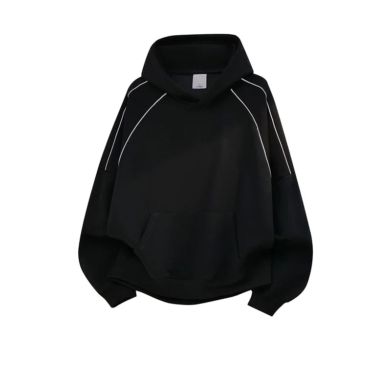 American trendy brand reflective strip splicing heavy hooded sweater men's autumn couple loose pullover hoodie S0171