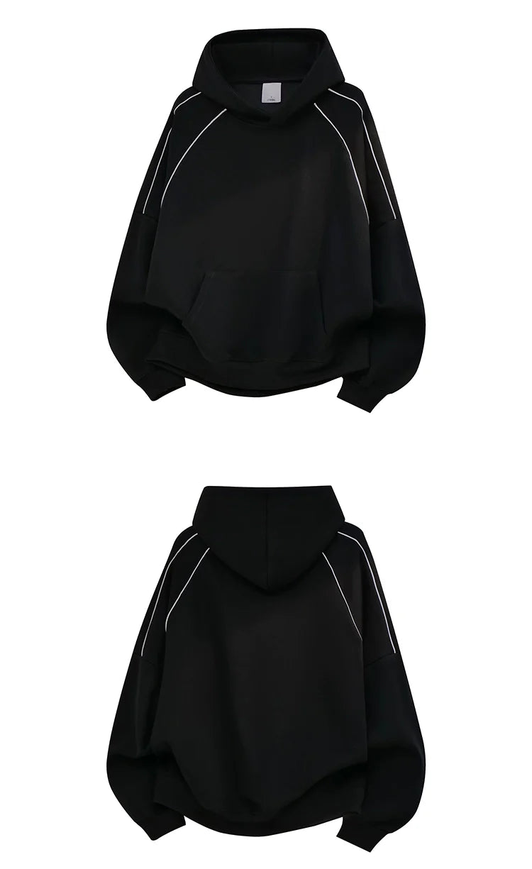 American trendy brand reflective strip splicing heavy hooded sweater men's autumn couple loose pullover hoodie S0171