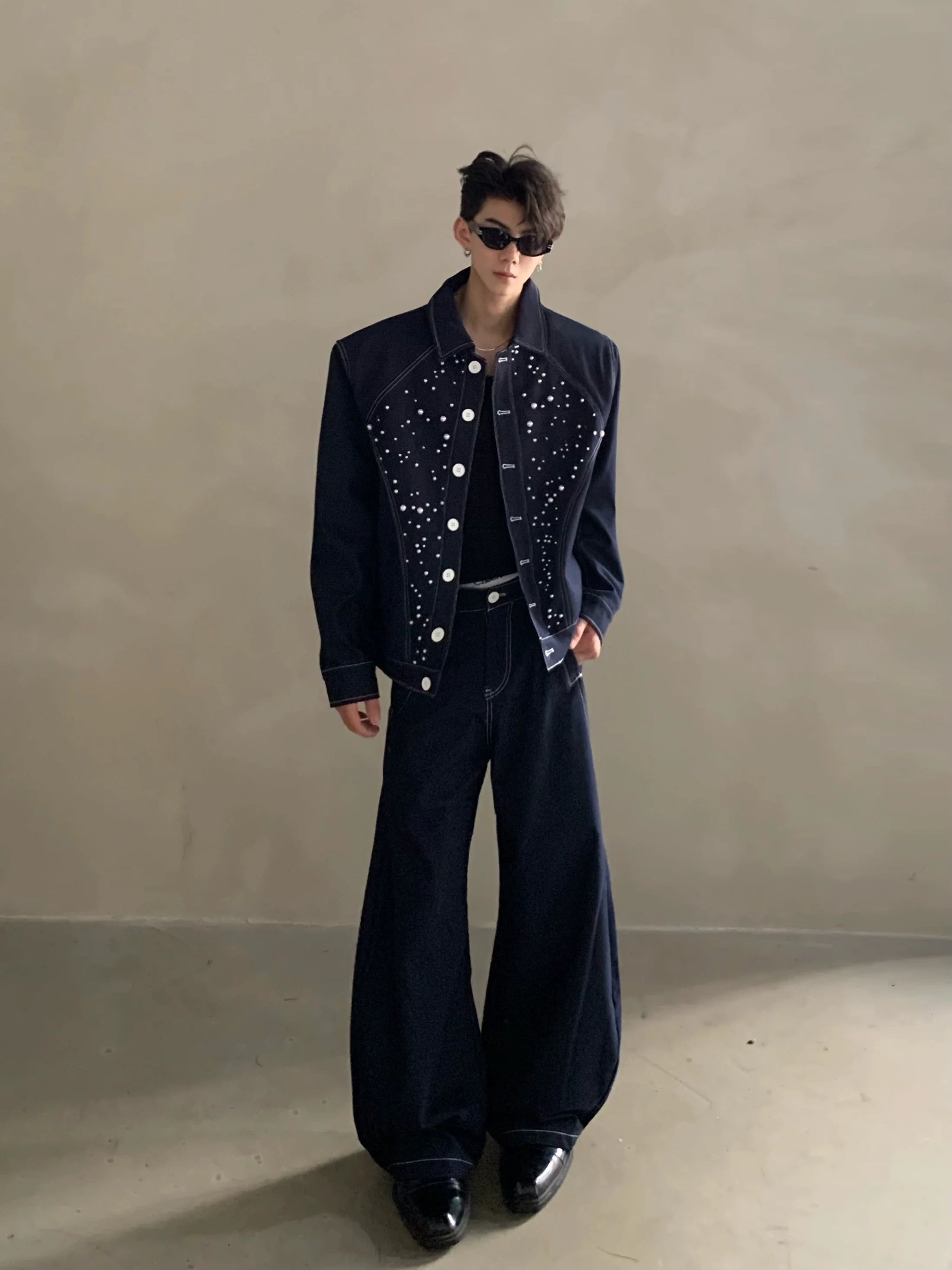 Niche high-end sense light luxury bright diamond pearl design denim jacket men's ruffian handsome fashion suit tide R006