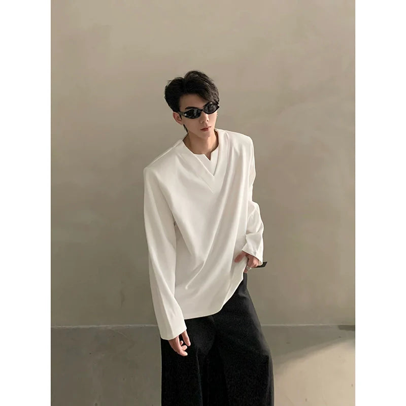 Autumn high-end sense niche design sense V-neck shoulder pads long-sleeved T-shirt men's versatile loose tide  J0089