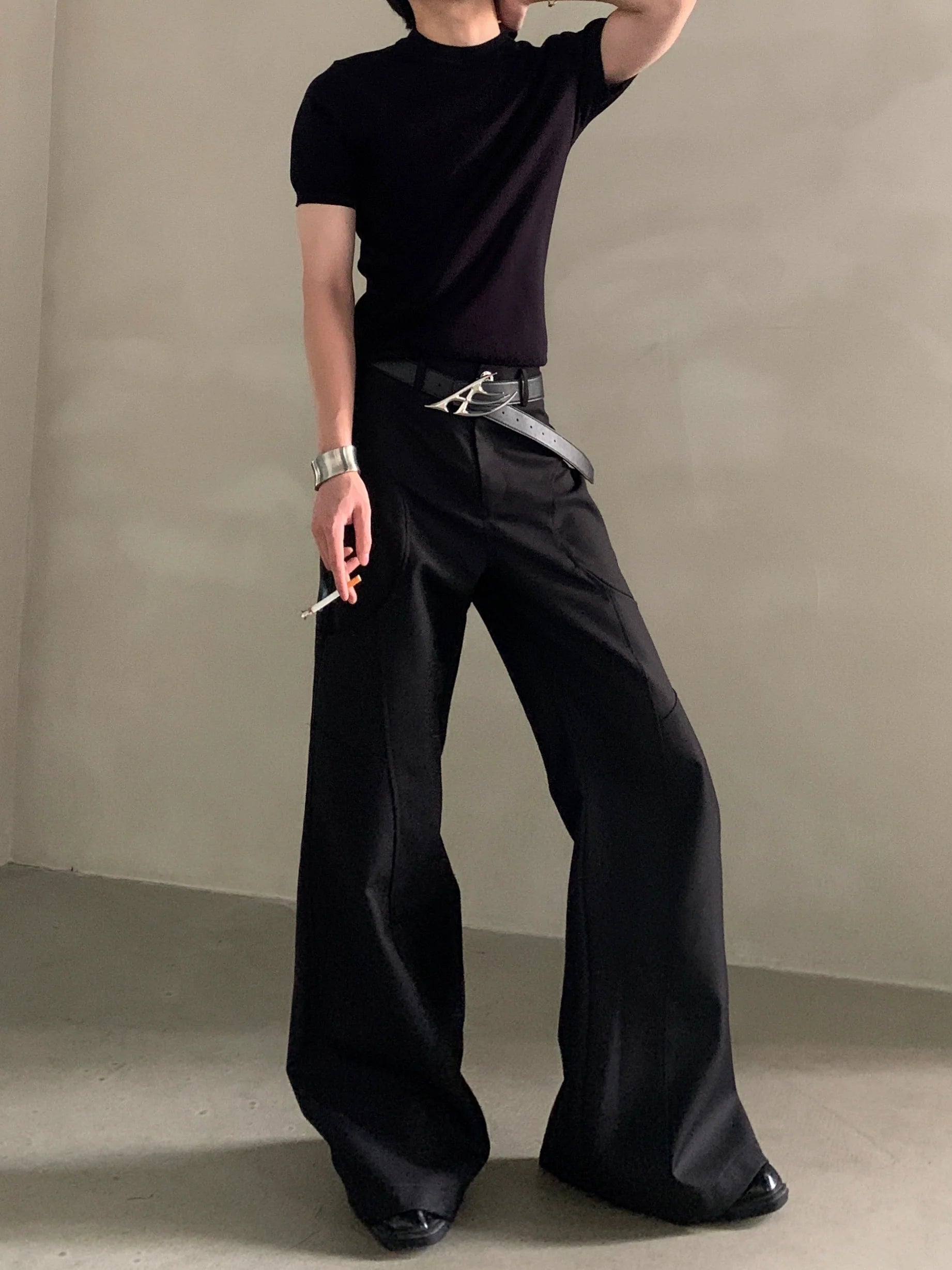 Niche design silhouette black micro-flared trousers men's senior sense cleanfit casual pants tide B0323