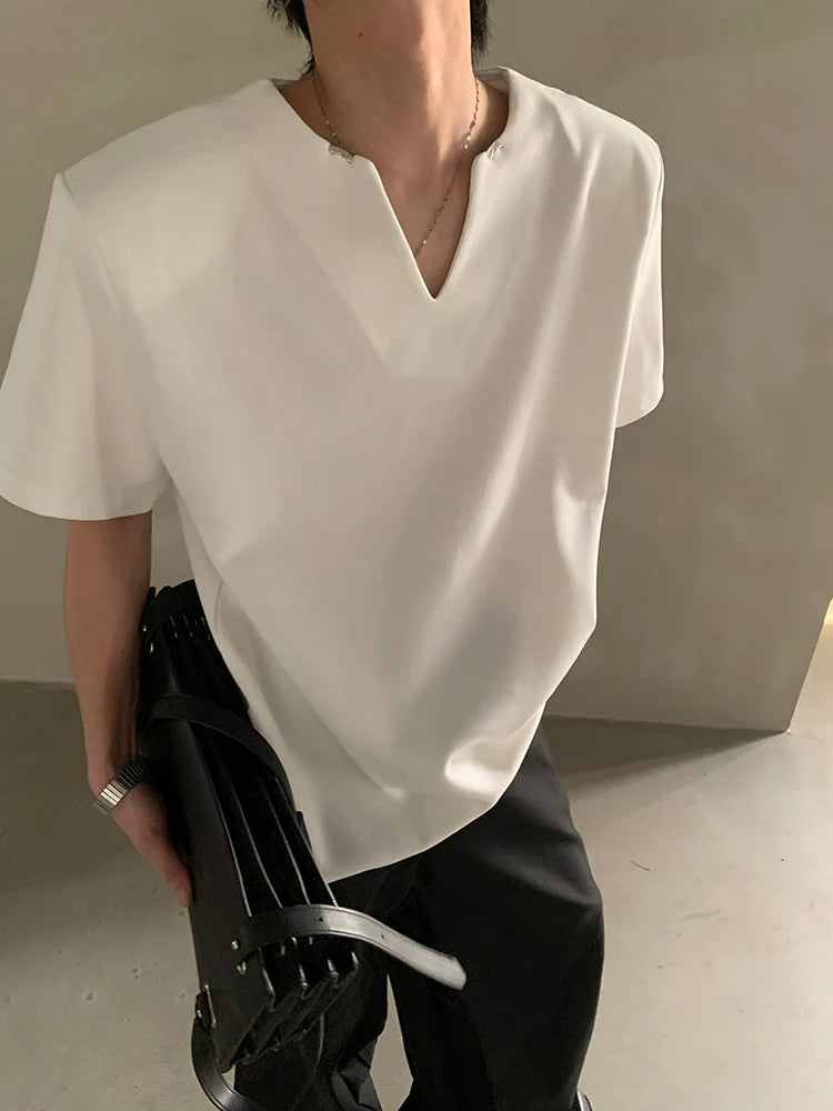 Summer high-end V-neck metal decorative shoulder pads short-sleeved T-shirt male ruffian handsome loose half-sleeved top J0090