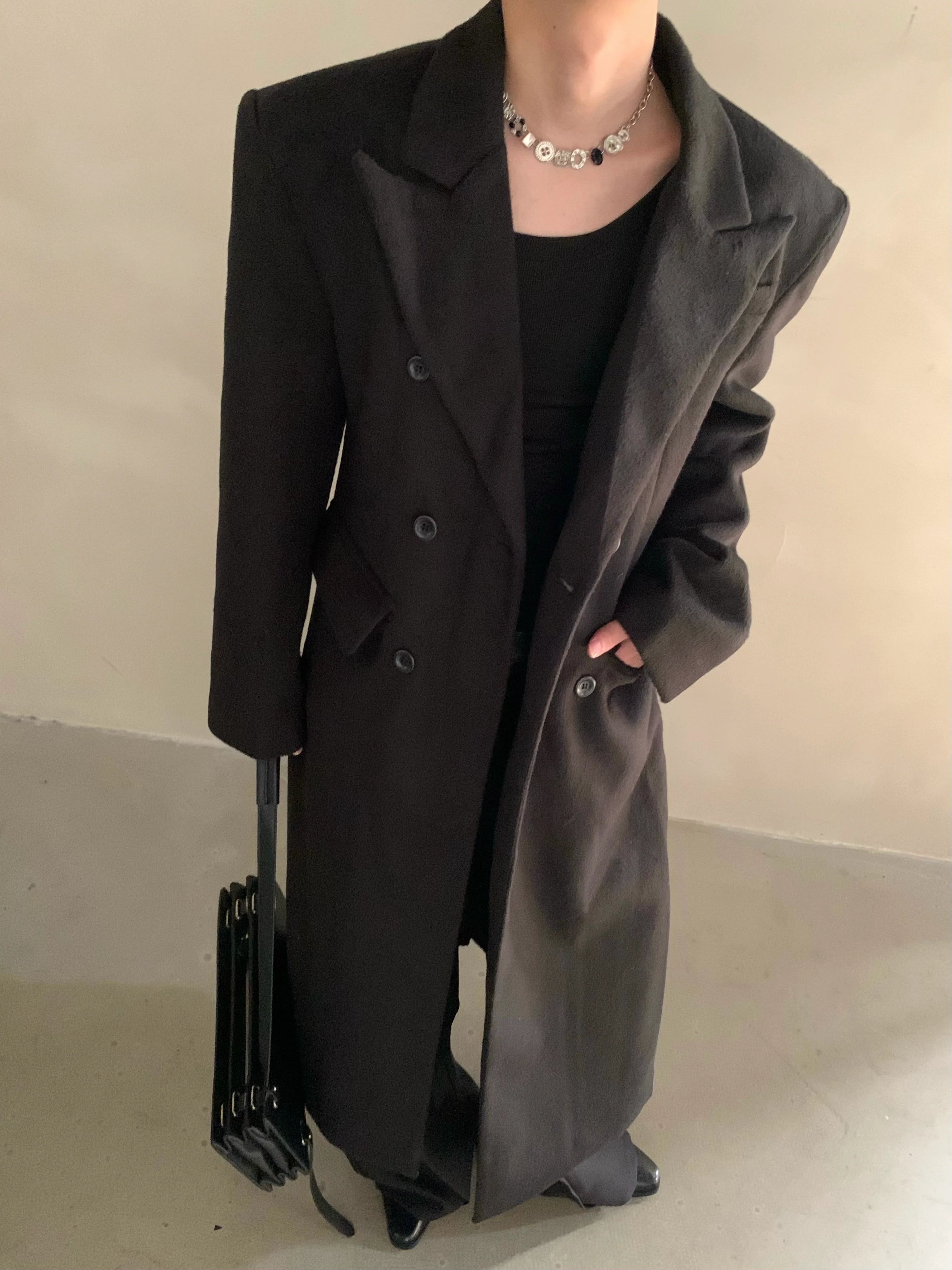 冬用ニッチショルダーパッド入りシルエットウールコートメンズロングダブルブレストプレミアムトレンチコートR037 