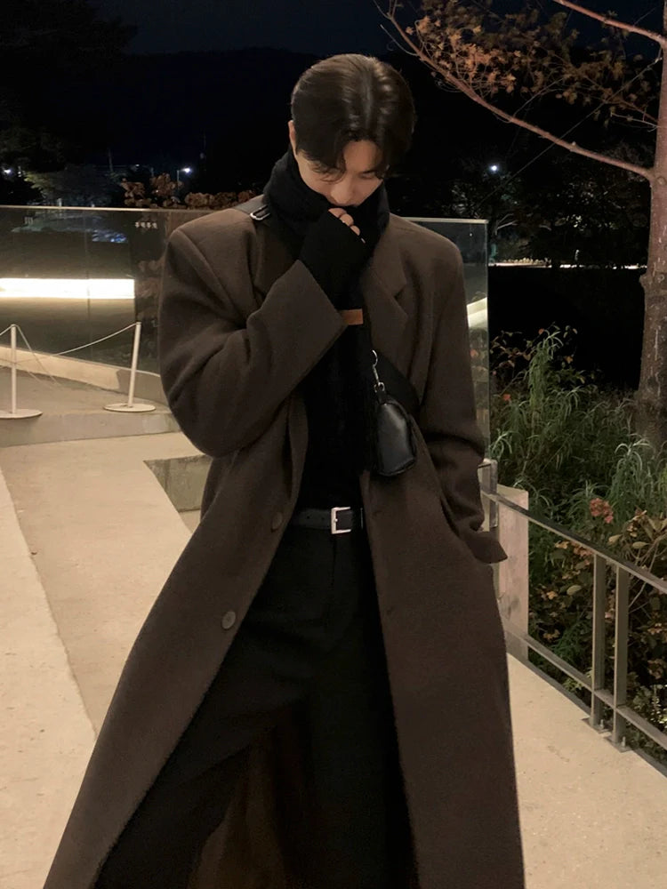 ウールコートメンズ冬ミディアムロング膝丈ウールトレンチコート韓国雰囲気厚手暖かいジャケットR038