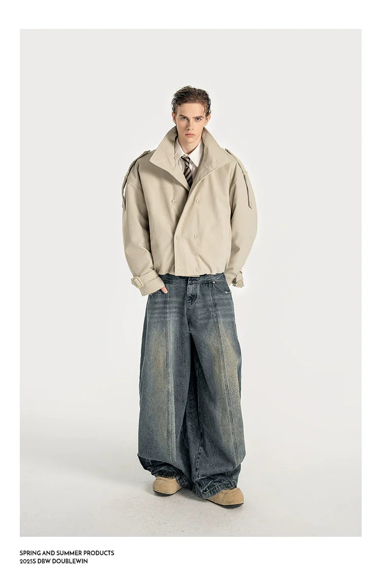 Pragmatism, American stand-up neck padded trench coat, wide shoulder, autumn and winter T0158 short jacket