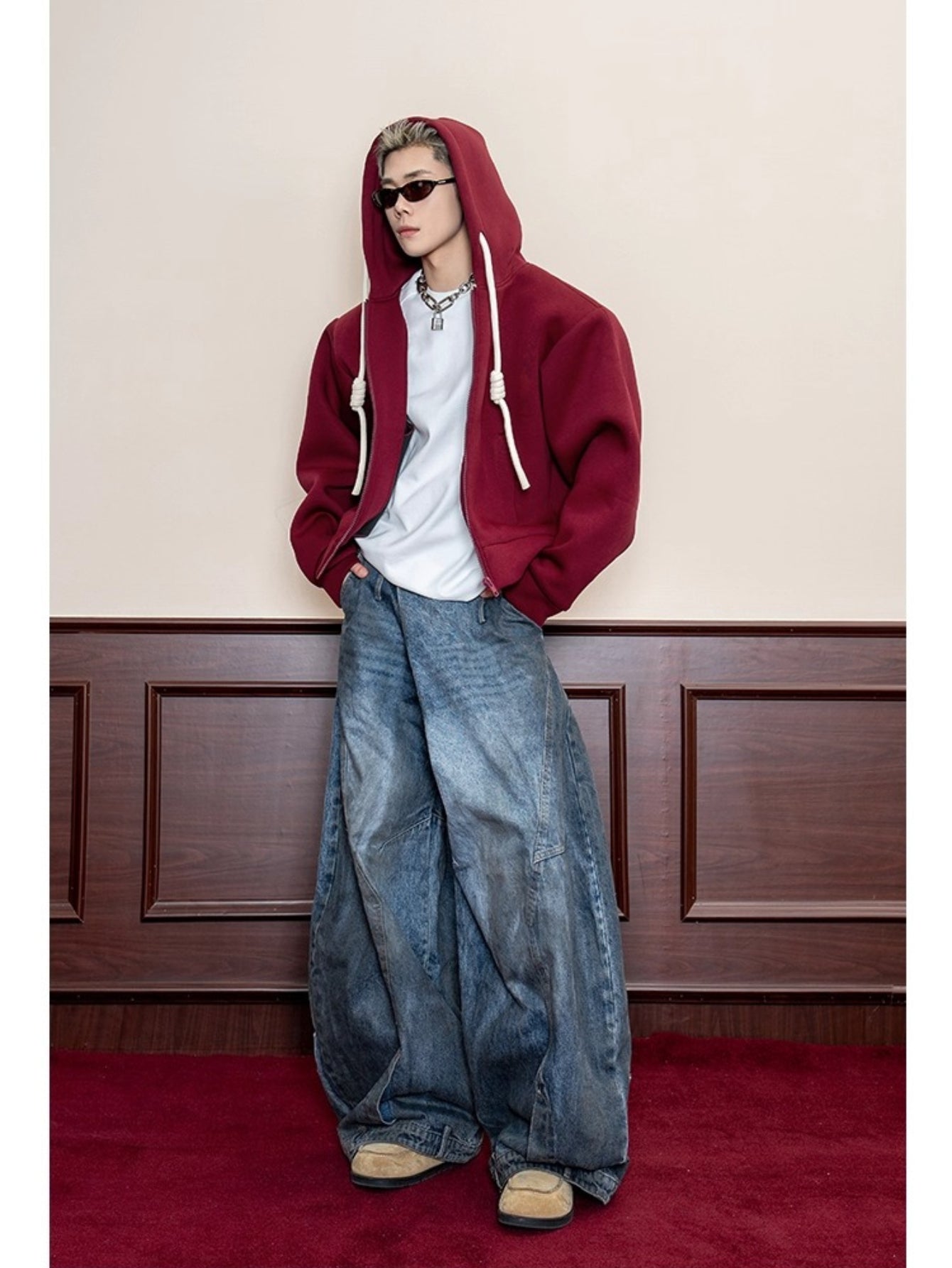 Handmade braided rope solid color hooded American casual sweater men's spring 500g heavy loose cardigan jacket S0173