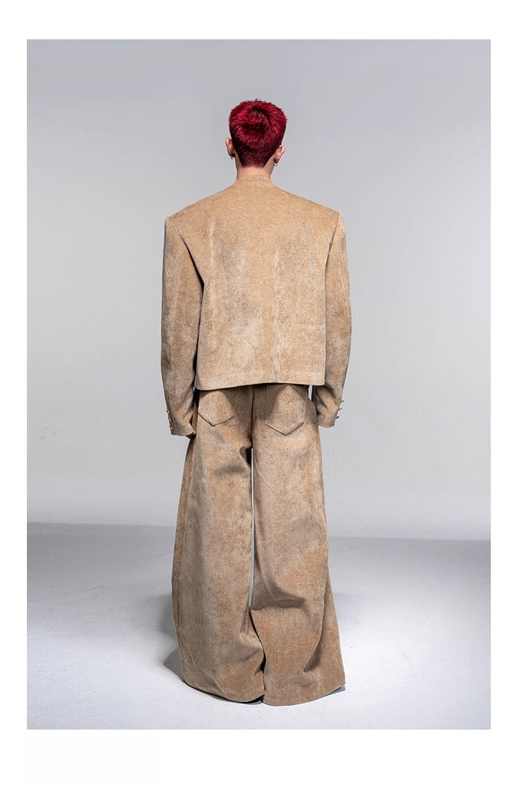 High-end suit suit men's autumn and winter casual suit jacket shoulder padded jacket velvet wide-leg pants two-piece set R025