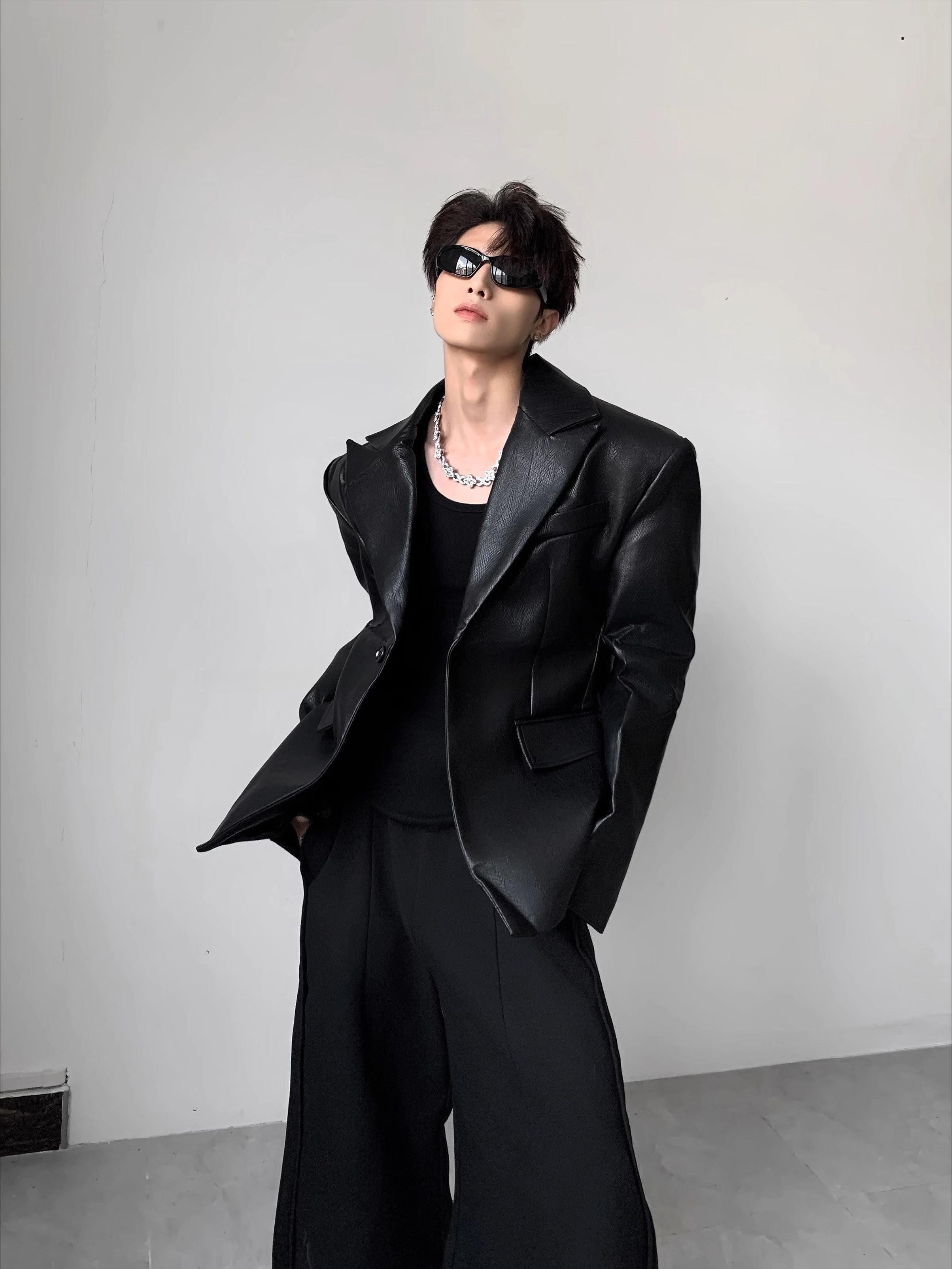 Light luxury suit version design shoulder padded leather jacket men's autumn advanced sense ruffian handsome waist suit R017