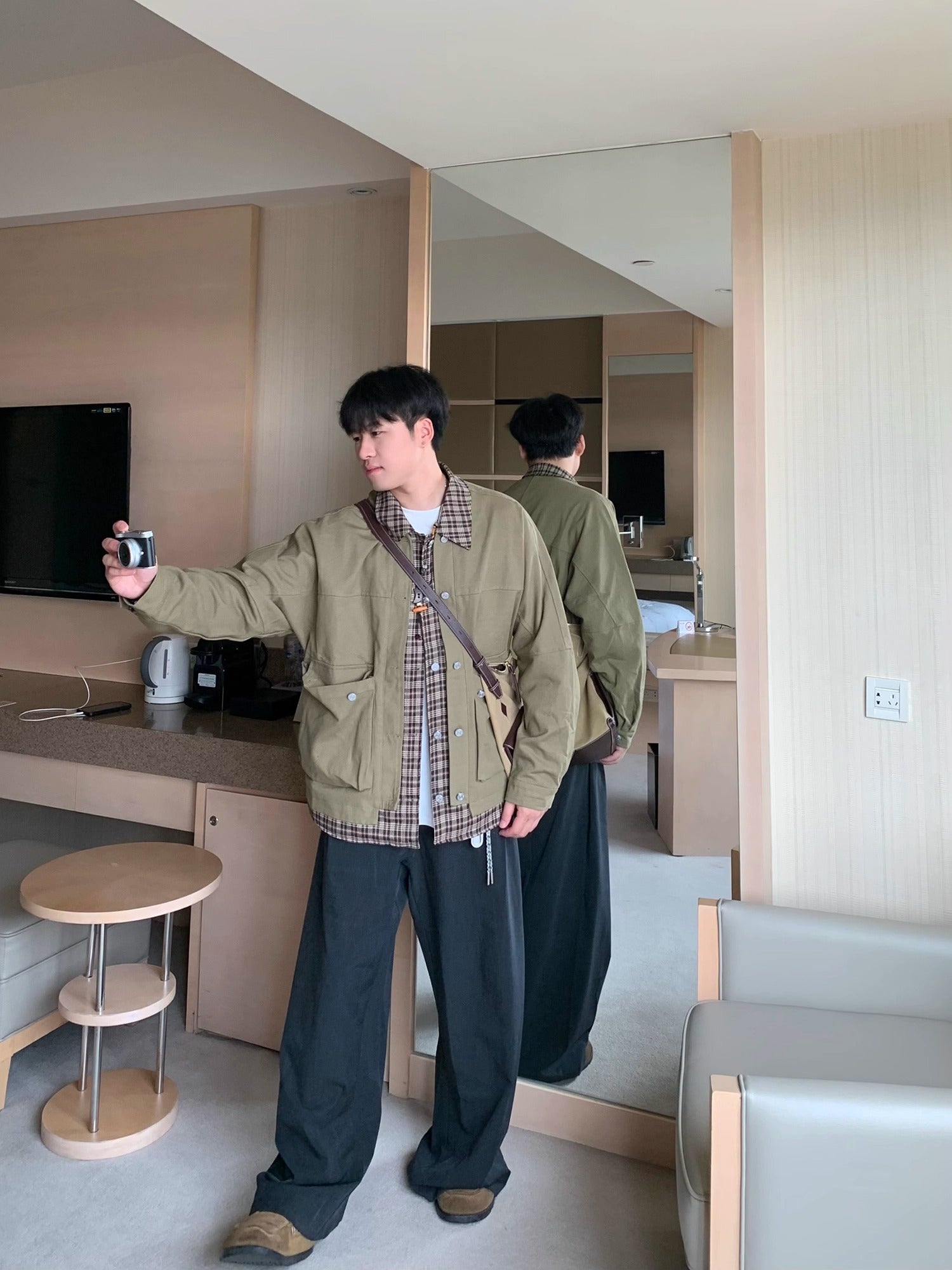 チェック柄レイヤードワークジャケット T0127