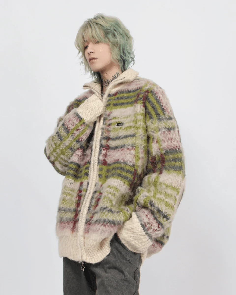 [Mz] striped zipper cardigan sweater knit S0203