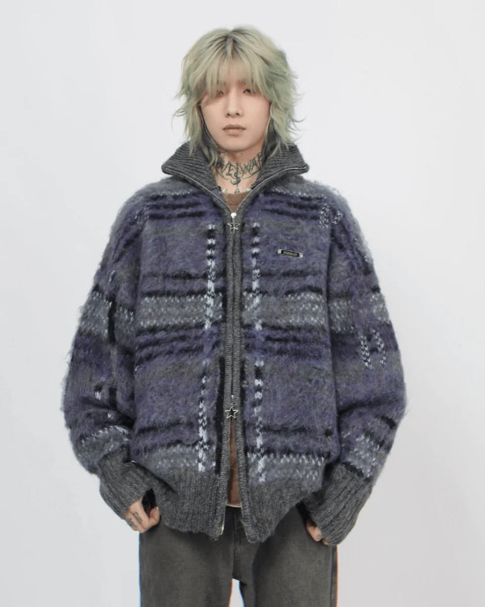 [Mz] striped zipper cardigan sweater knit S0203