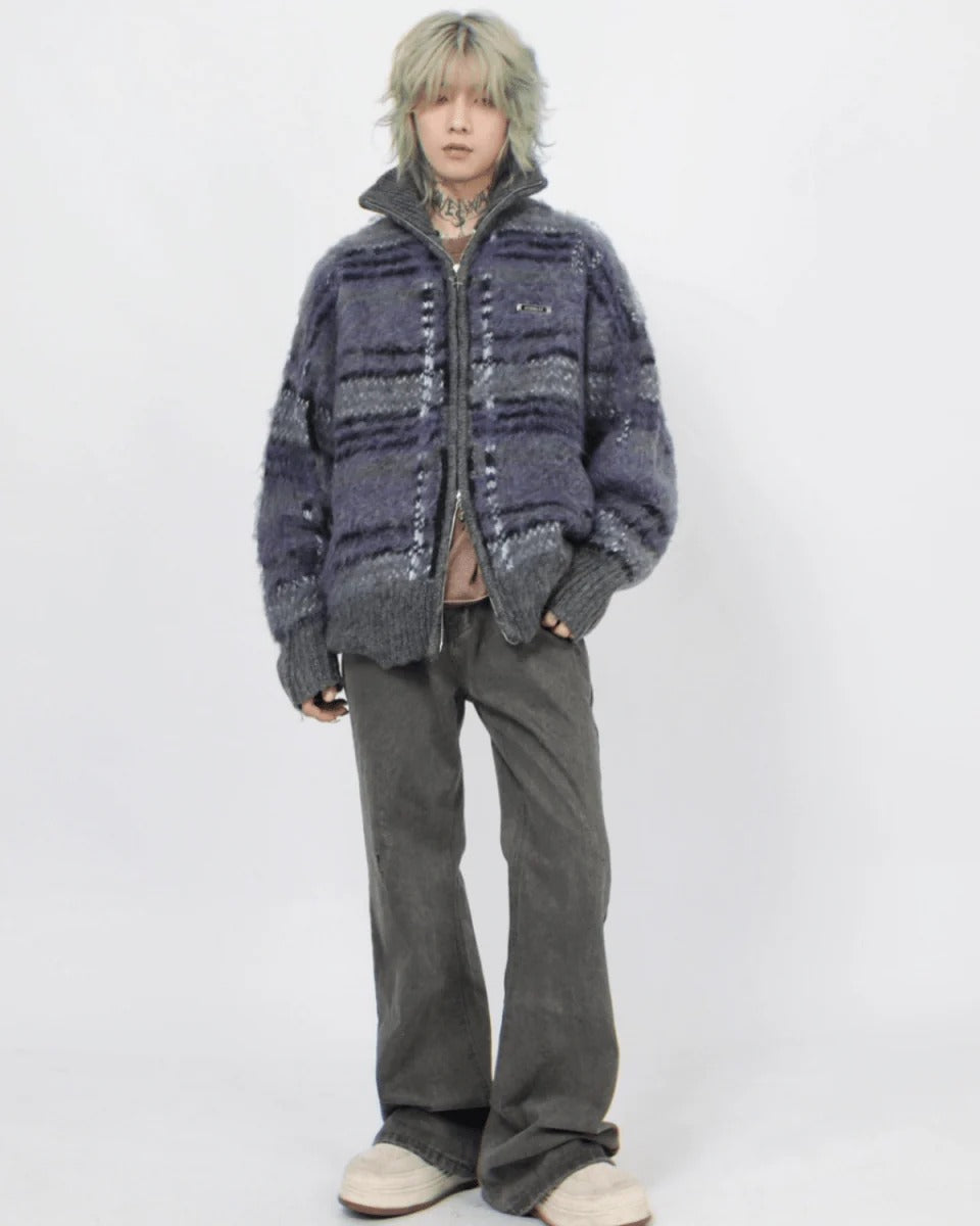 [Mz] striped zipper cardigan sweater knit S0203