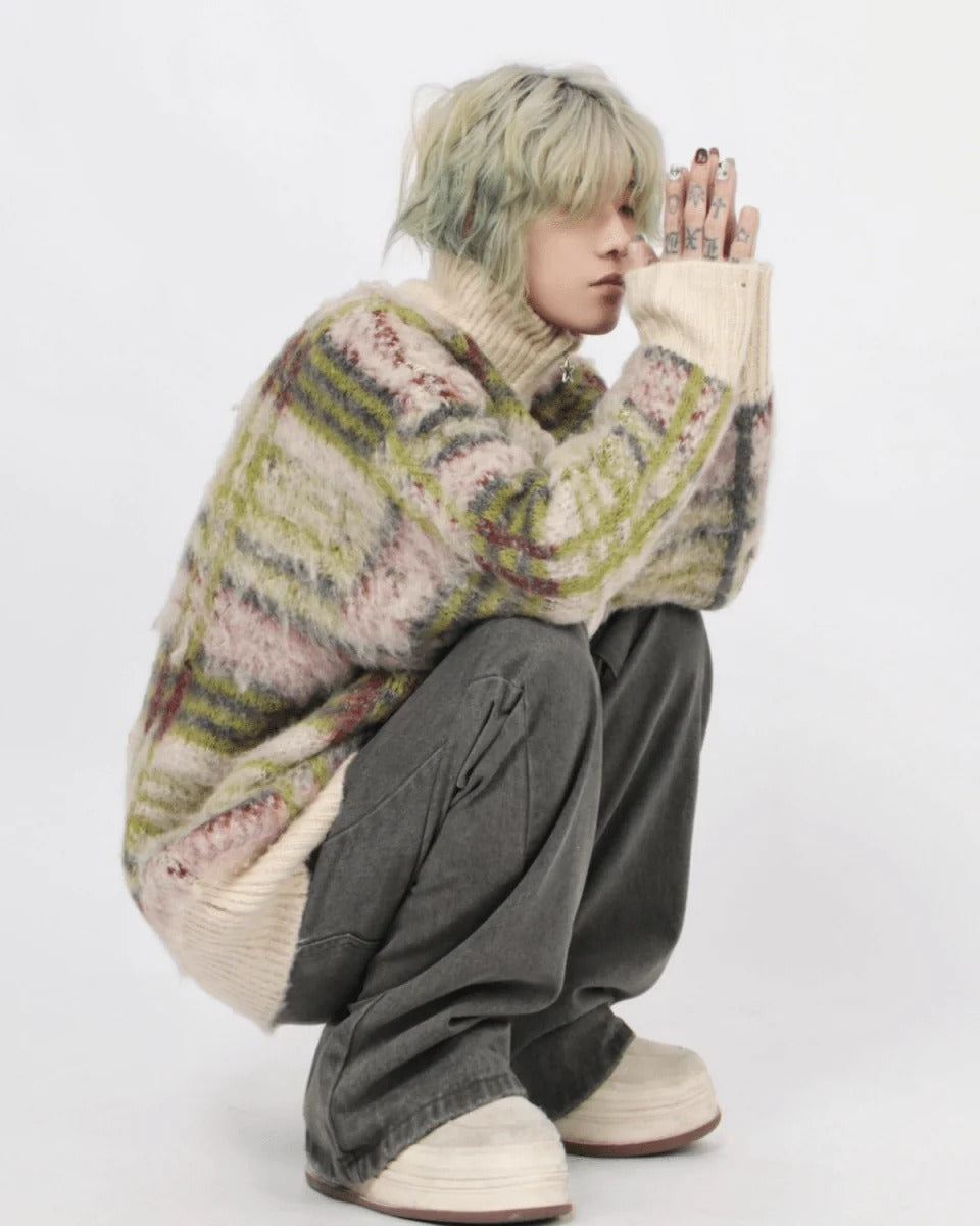 [Mz] striped zipper cardigan sweater knit S0203