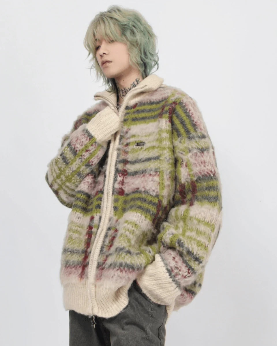 [Mz] striped zipper cardigan sweater knit S0203