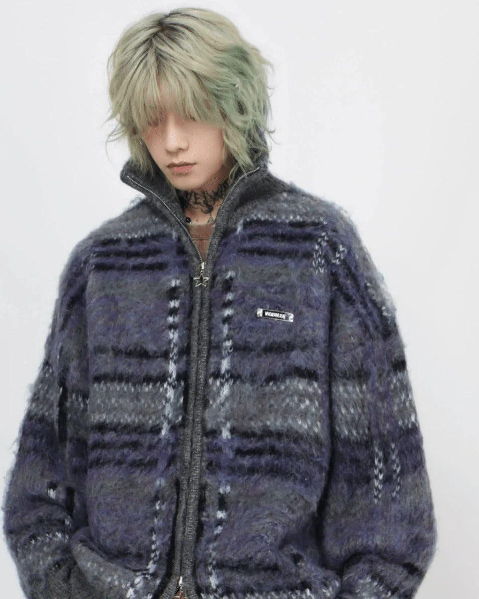 [Mz] striped zipper cardigan sweater knit S0203