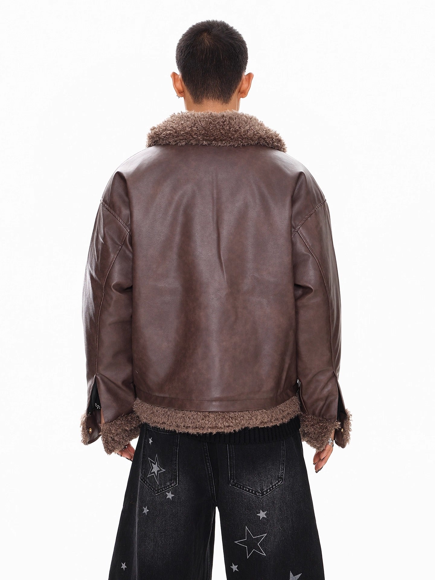 FAUX LEATHER SHEARLING-COLLAR JACKET T0140