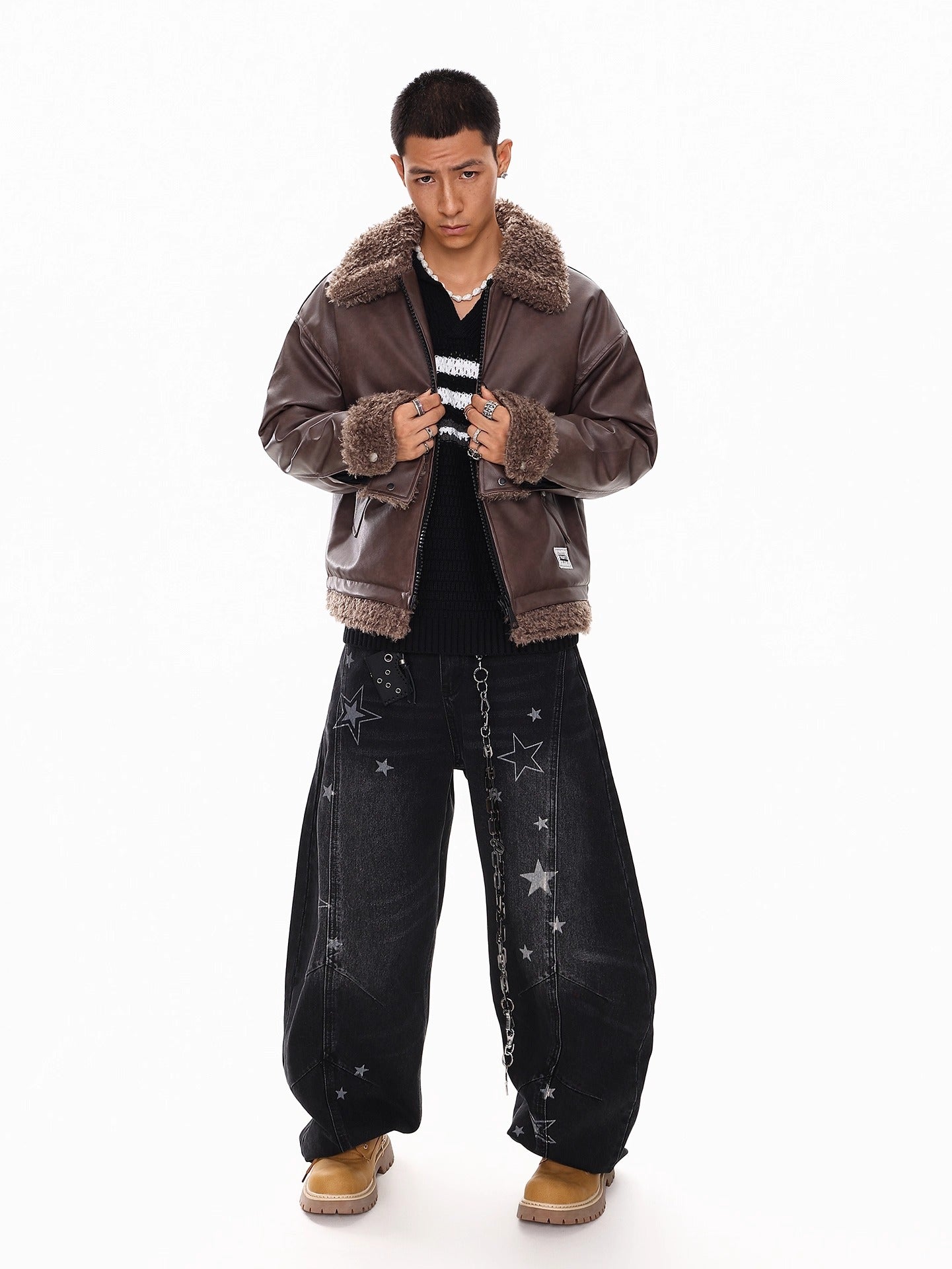 FAUX LEATHER SHEARLING-COLLAR JACKET T0140