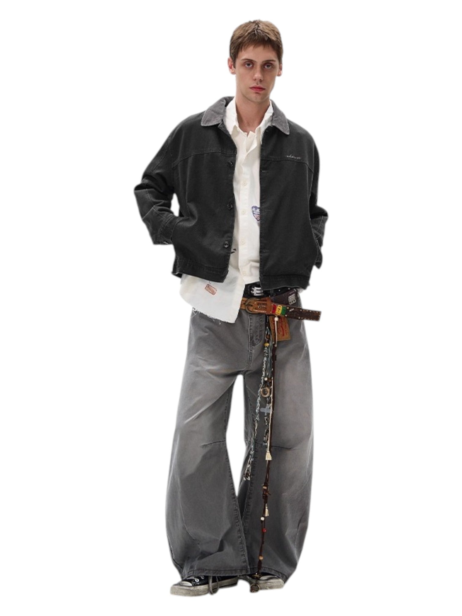 [MADWITCH] WASHED RETRO CONTRAST COLLAR WORKWEAR JACKET T0186