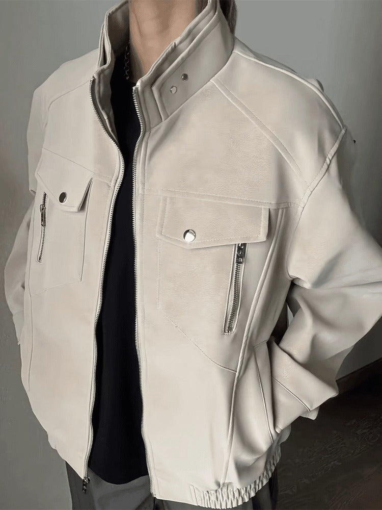 FAUX LEATHER STAND-COLLAR JACKET T0131