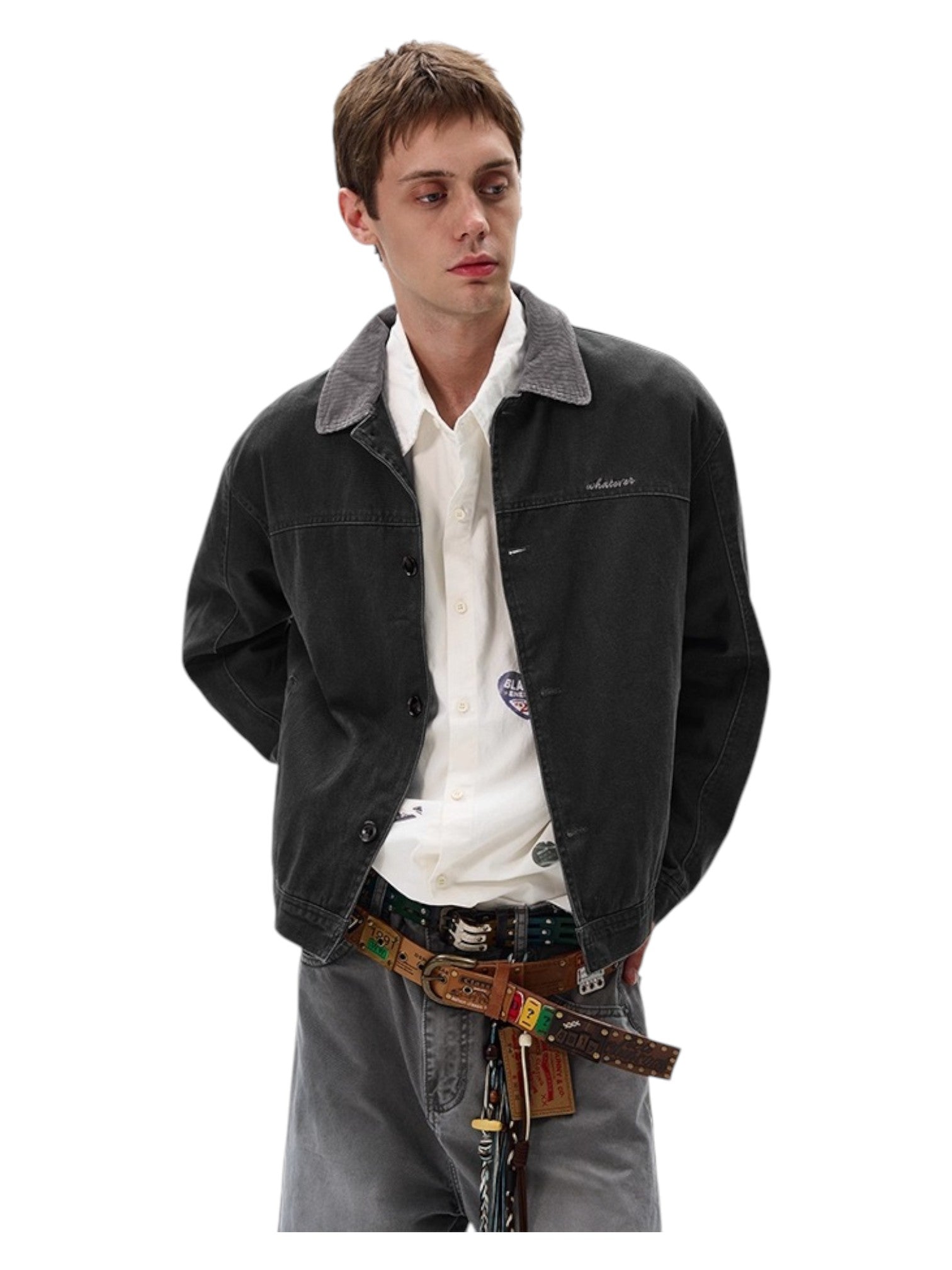 [MADWITCH] WASHED RETRO CONTRAST COLLAR WORKWEAR JACKET T0186