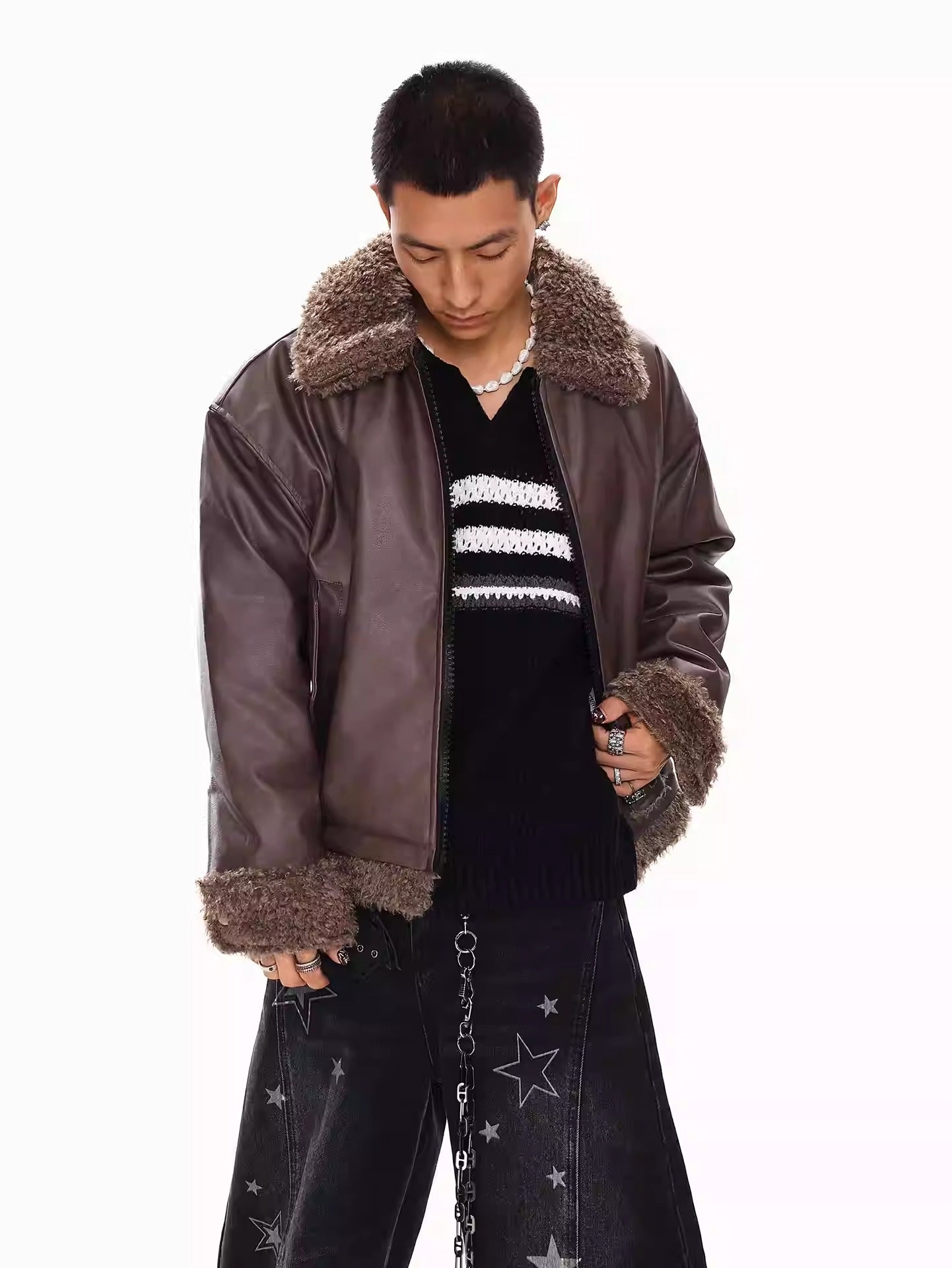 FAUX LEATHER SHEARLING-COLLAR JACKET T0140