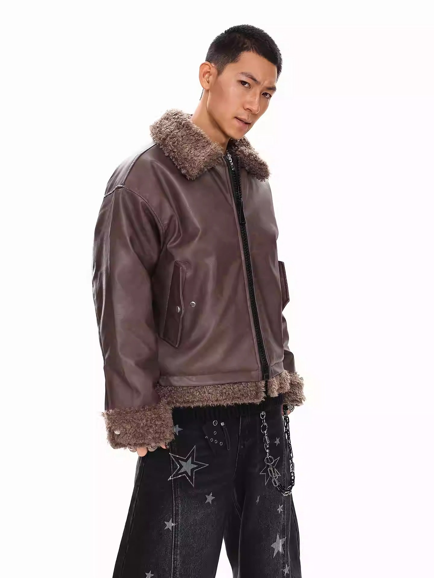 FAUX LEATHER SHEARLING-COLLAR JACKET T0140