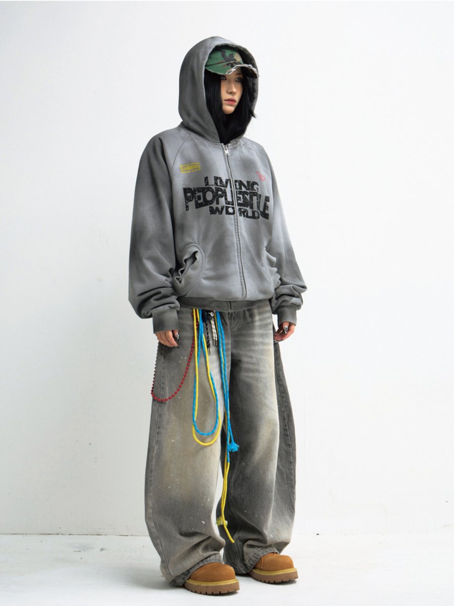 washed gray wide-legged jeans B0127