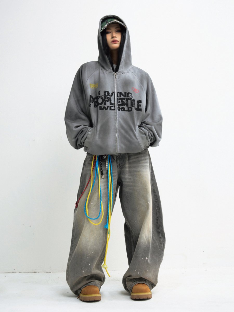 washed gray wide-legged jeans B0127